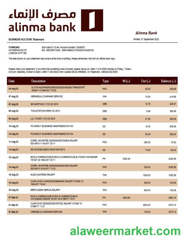 Alinma Bank company statement Word and PDF template